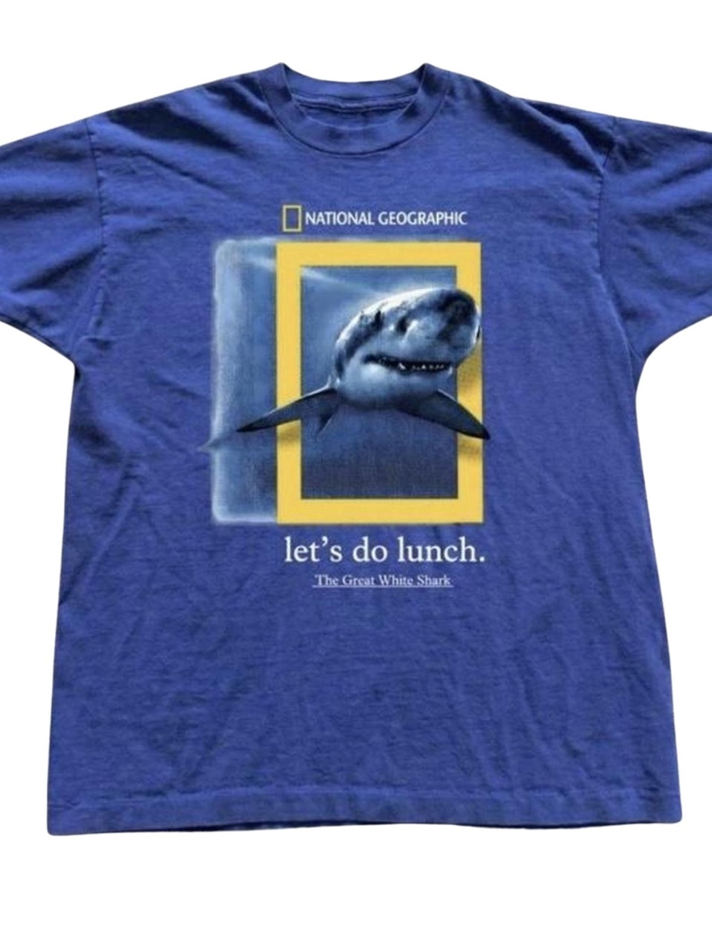 National Geographic Blue Tee with Shark and Yellow Logo